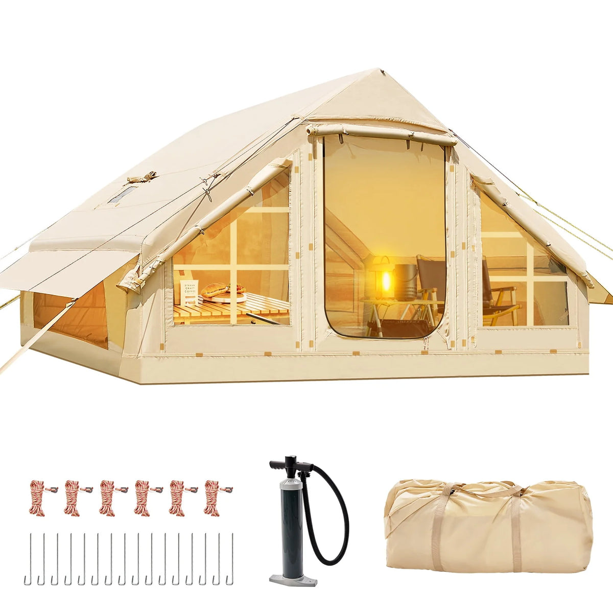 6 Person Inflatable Camping Tent with Pump, 10ft x7ft Glamping Family Tent Easy Setup 4 Season Waterproof Windproof Outdoor Blow Up Tent Luxury Oxford Cabin with Mesh Windows & Doors