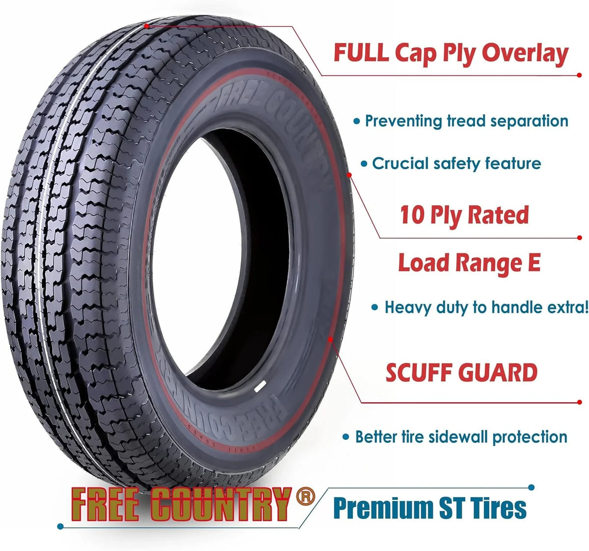 Set of 4 heavy-duty trailer tires ST205/75R15 205 75 15 10-ply, load class E, steel-belted radial tires with abrasion protection