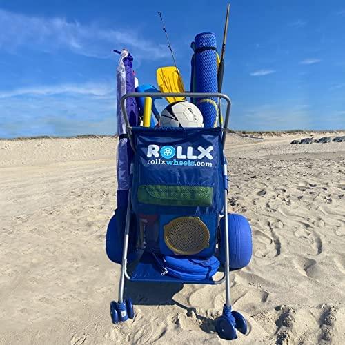 RollX Foldable Beach Cart with 12′′ Balloon Wheels, Mesh Storage & Umbrella Holder – Blue