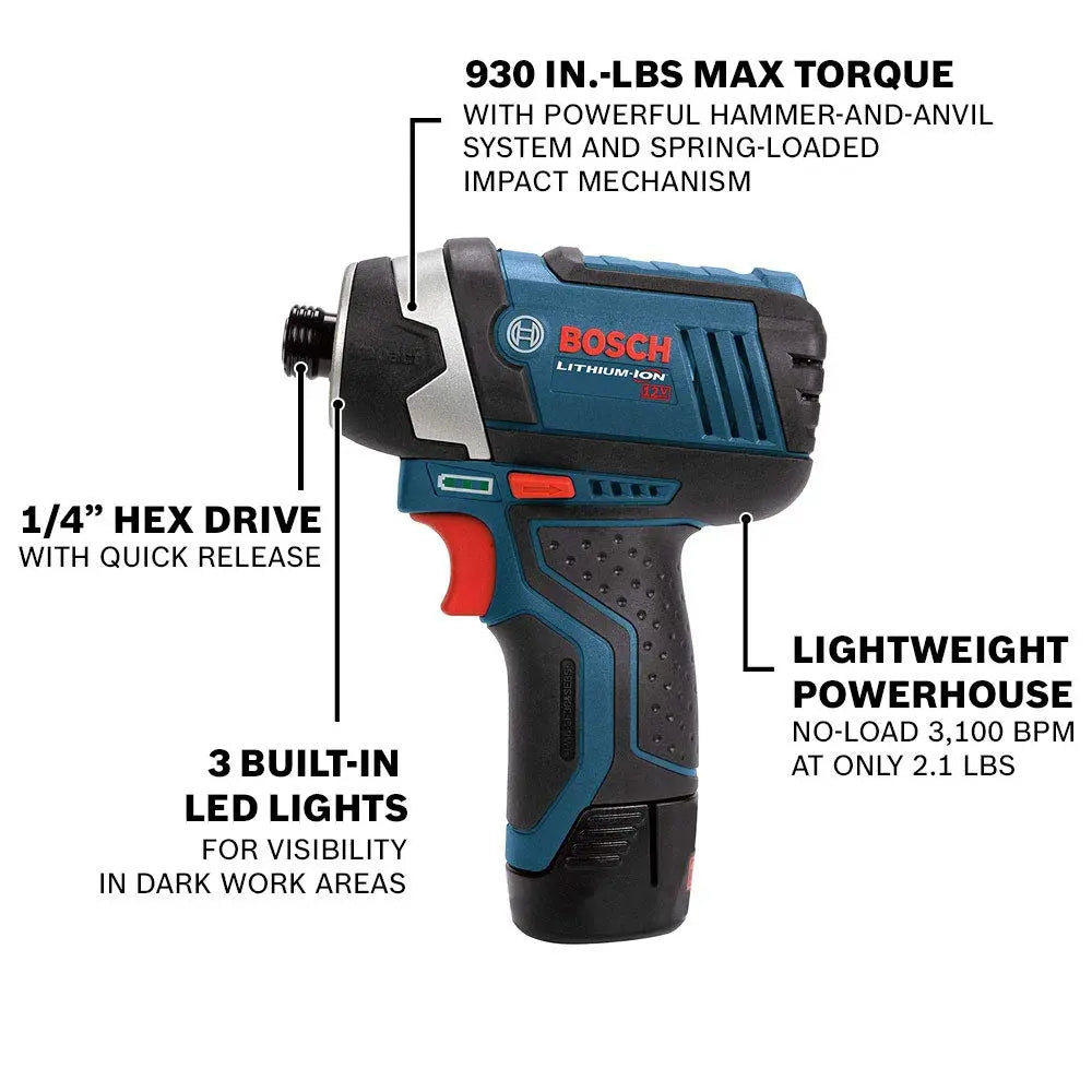 BOSCH CLPK22-120 12V Max Cordless 2-Tool 3/8 in. Drill/Driver and 1/4 in. Impact Driver Combo Kit with 2 Batteries, Charger and Case,Blue