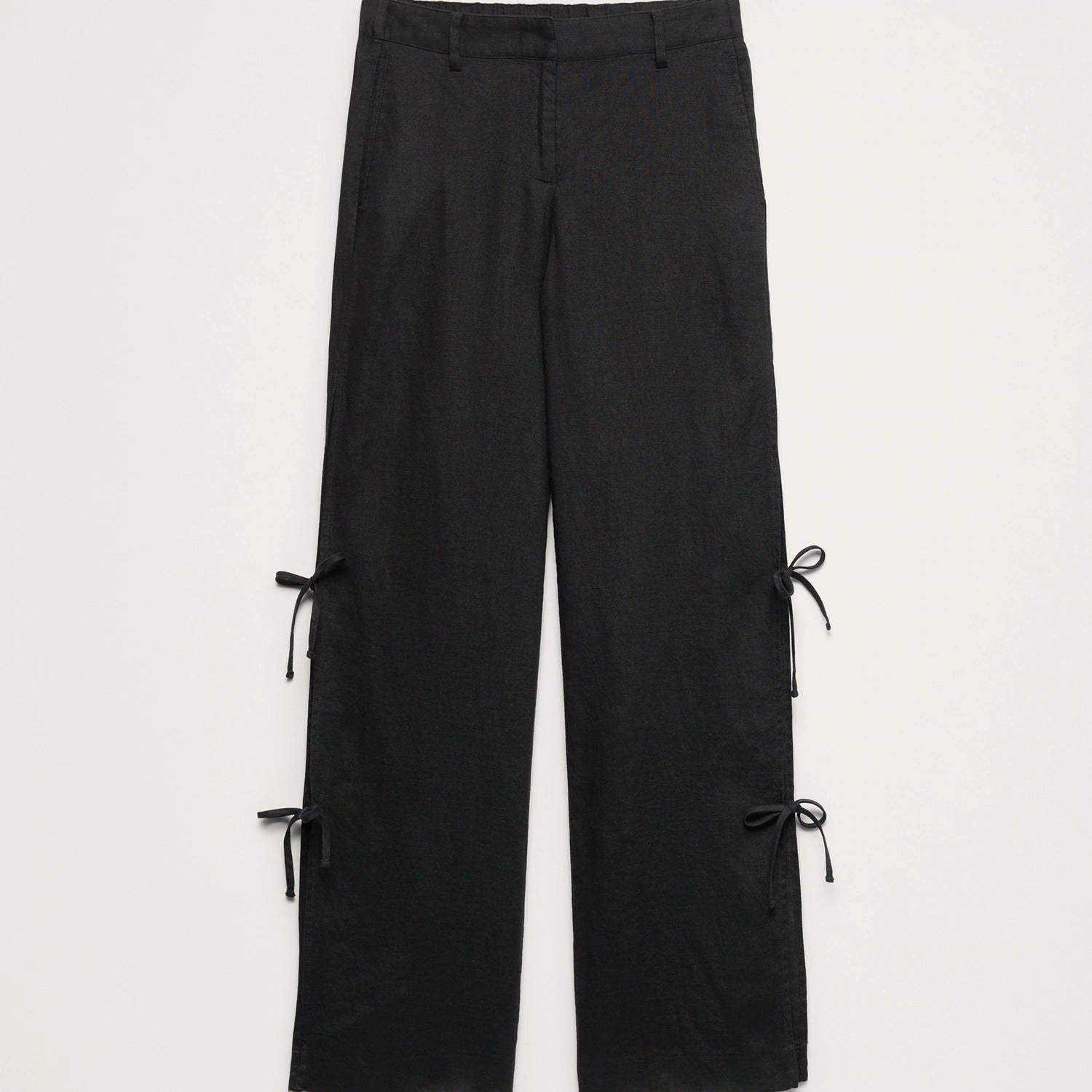 Black wide-leg cropped pants with side tie-front details, shown flat against a light gray background.