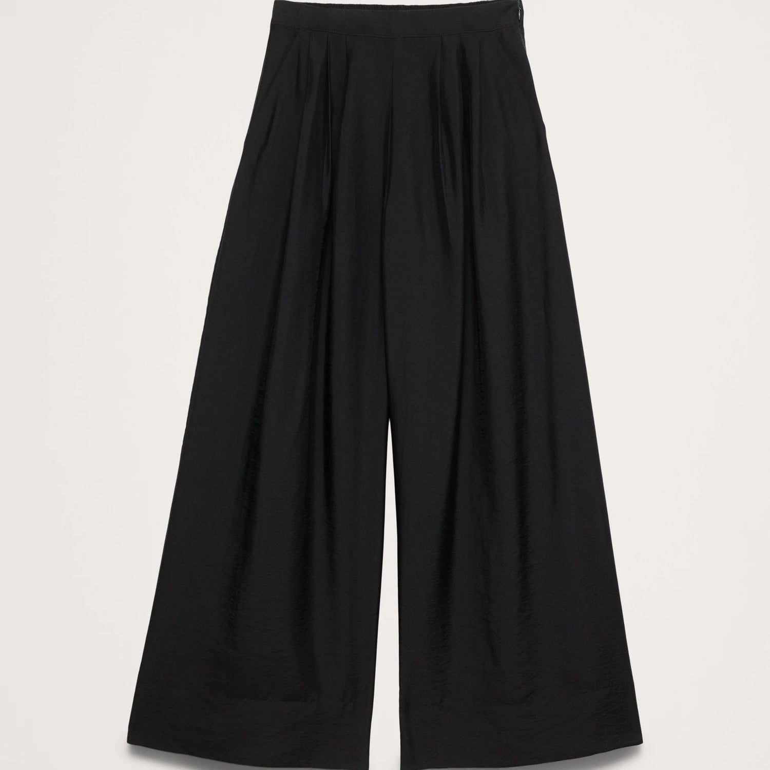 Black wide-leg pants on a light gray background