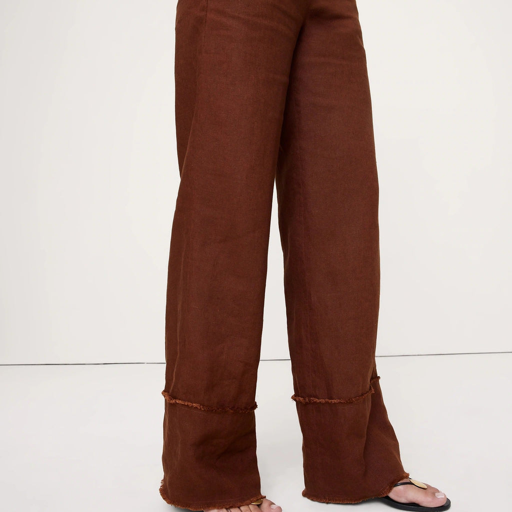 A person wearing wide-leg brown pants with a raw, frayed hem, styled with black sandals against a plain white studio background.