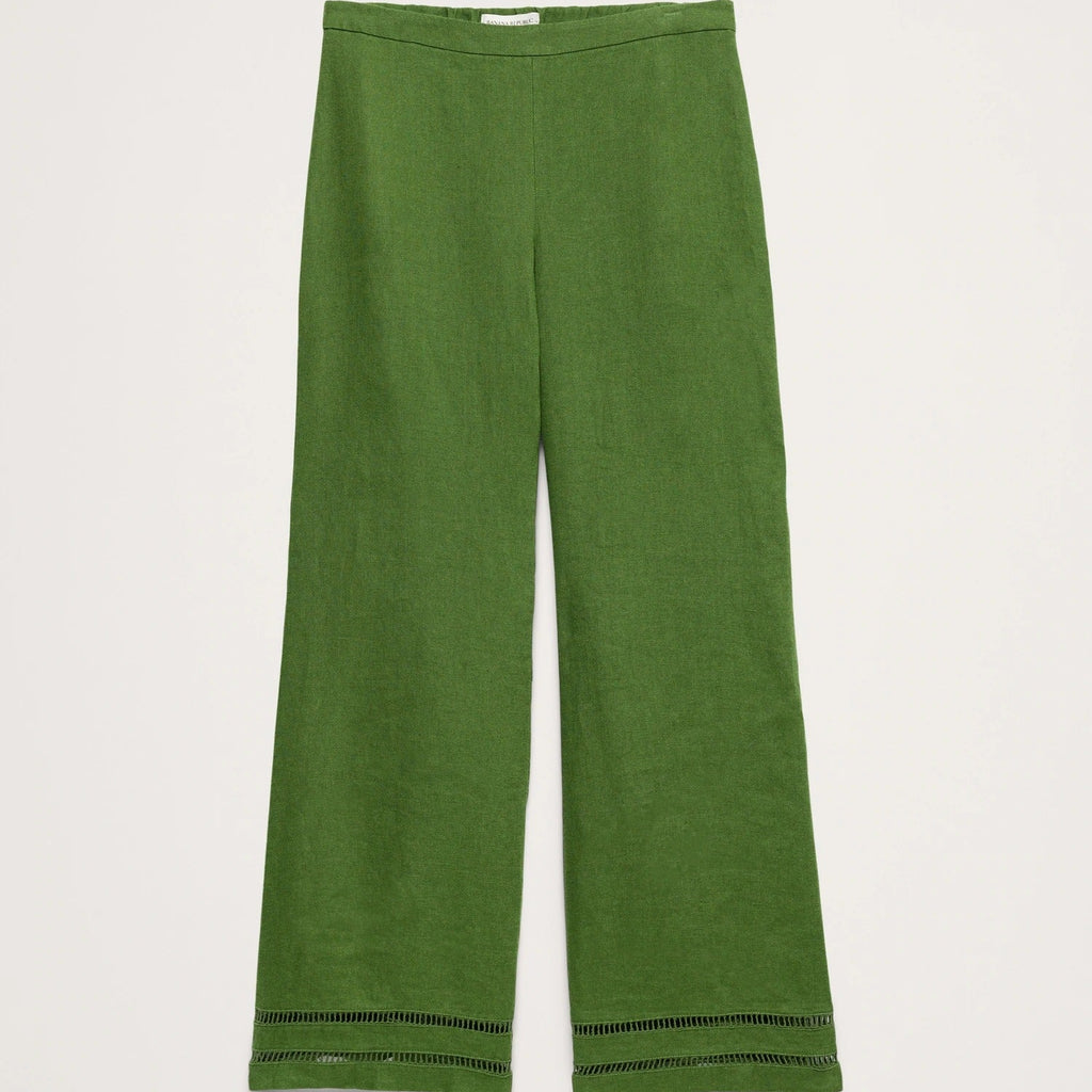 Green wide-leg cropped pants with double-stitched detailing along the hem, shown flat against a light gray background.