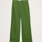 Green wide-leg cropped pants with double-stitched detailing along the hem, shown flat against a light gray background.