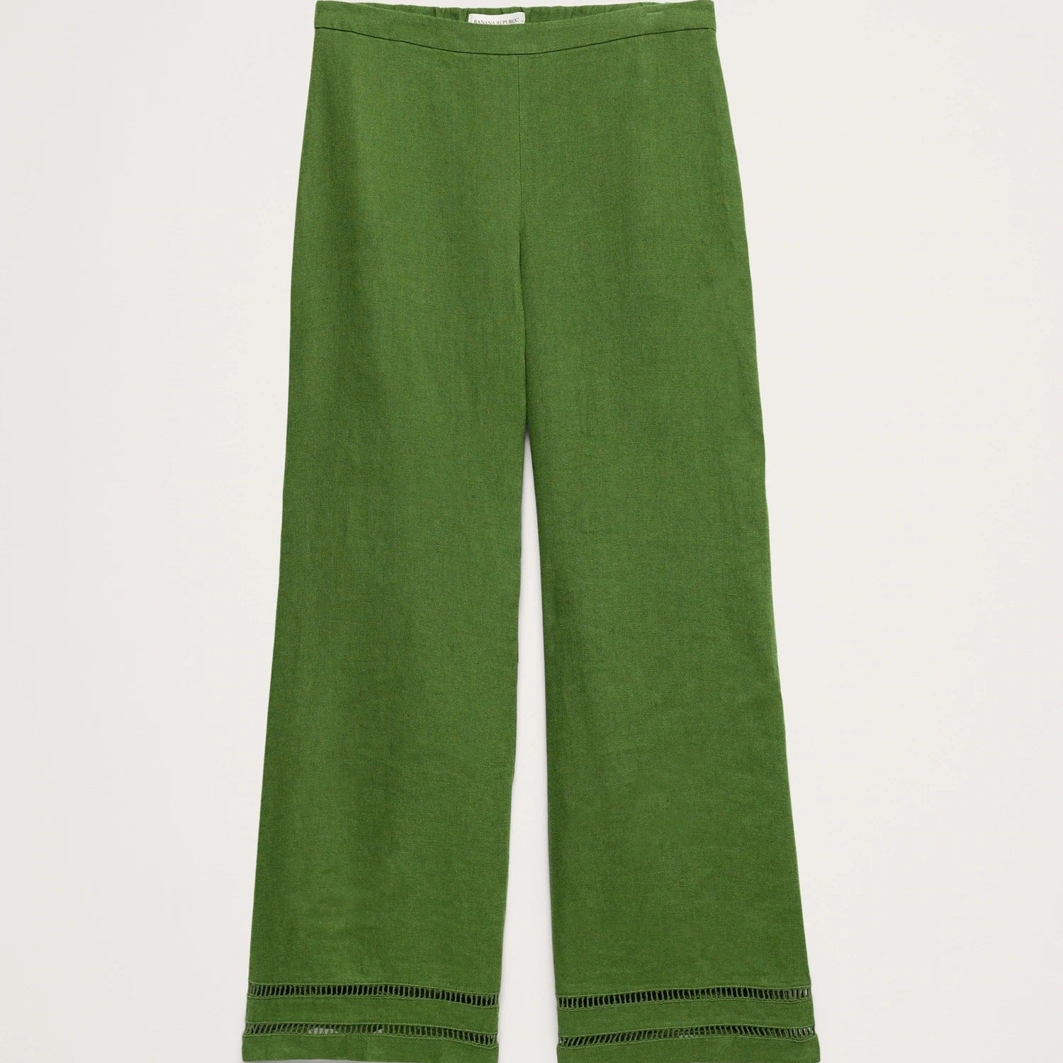 Green wide-leg cropped pants with double-stitched detailing along the hem, shown flat against a light gray background.