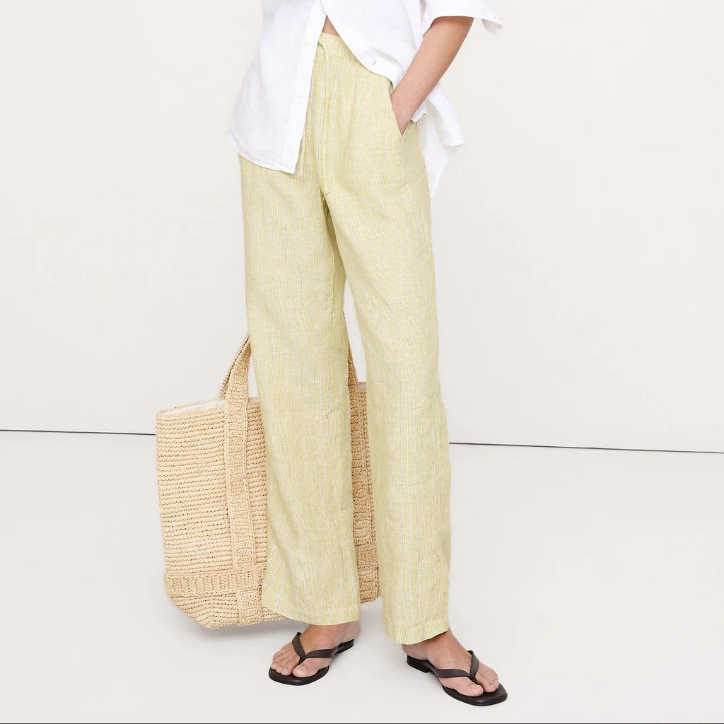 Yellow striped drawstring straight leg trousers