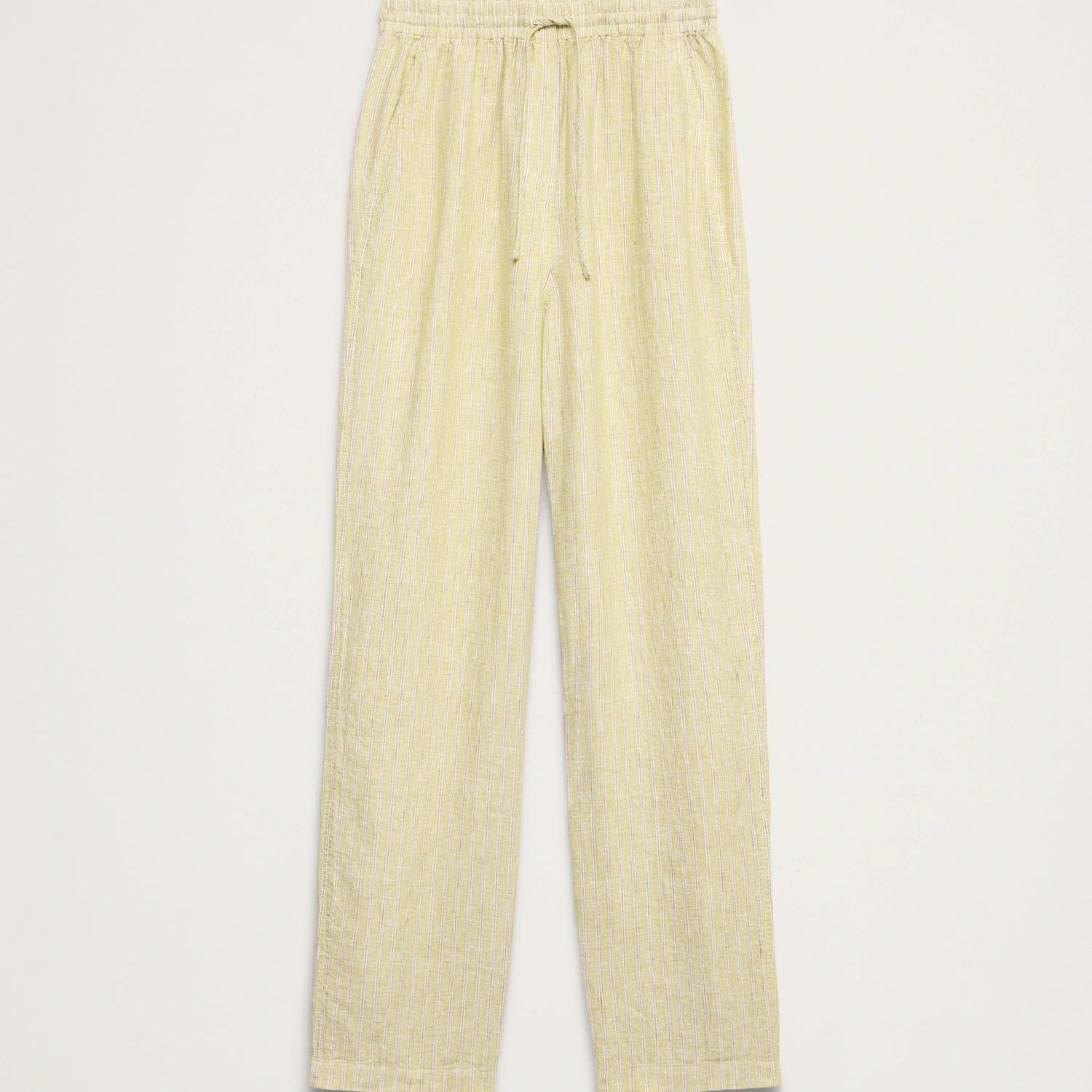 Light yellow linen trousers with an elastic waistband and drawstring, shown flat on a light beige background.