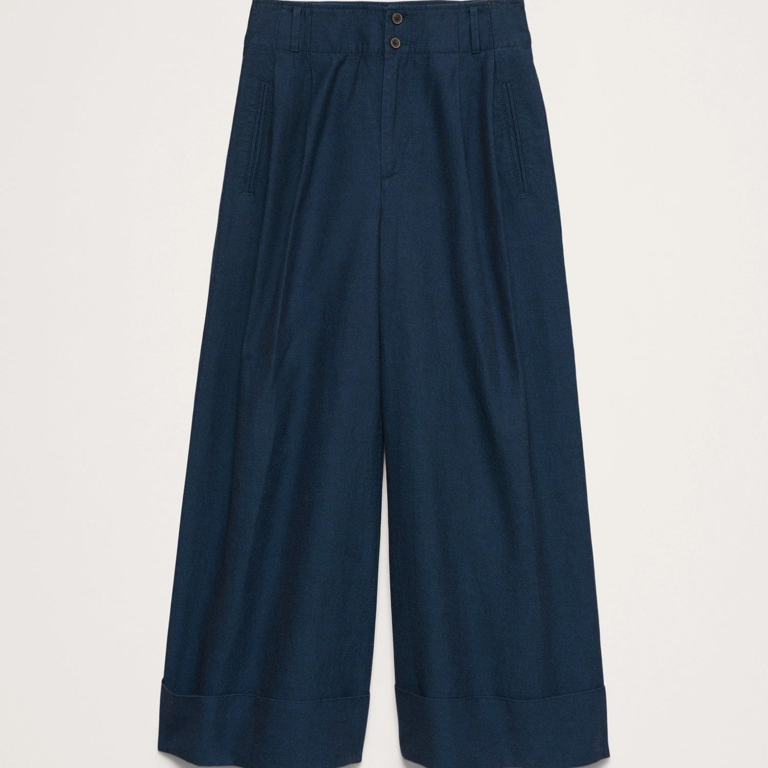 Navy blue wide-leg pants on a light gray background