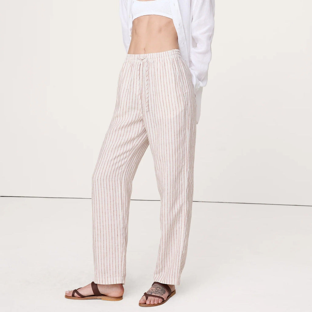 Striped drawstring straight leg trousers