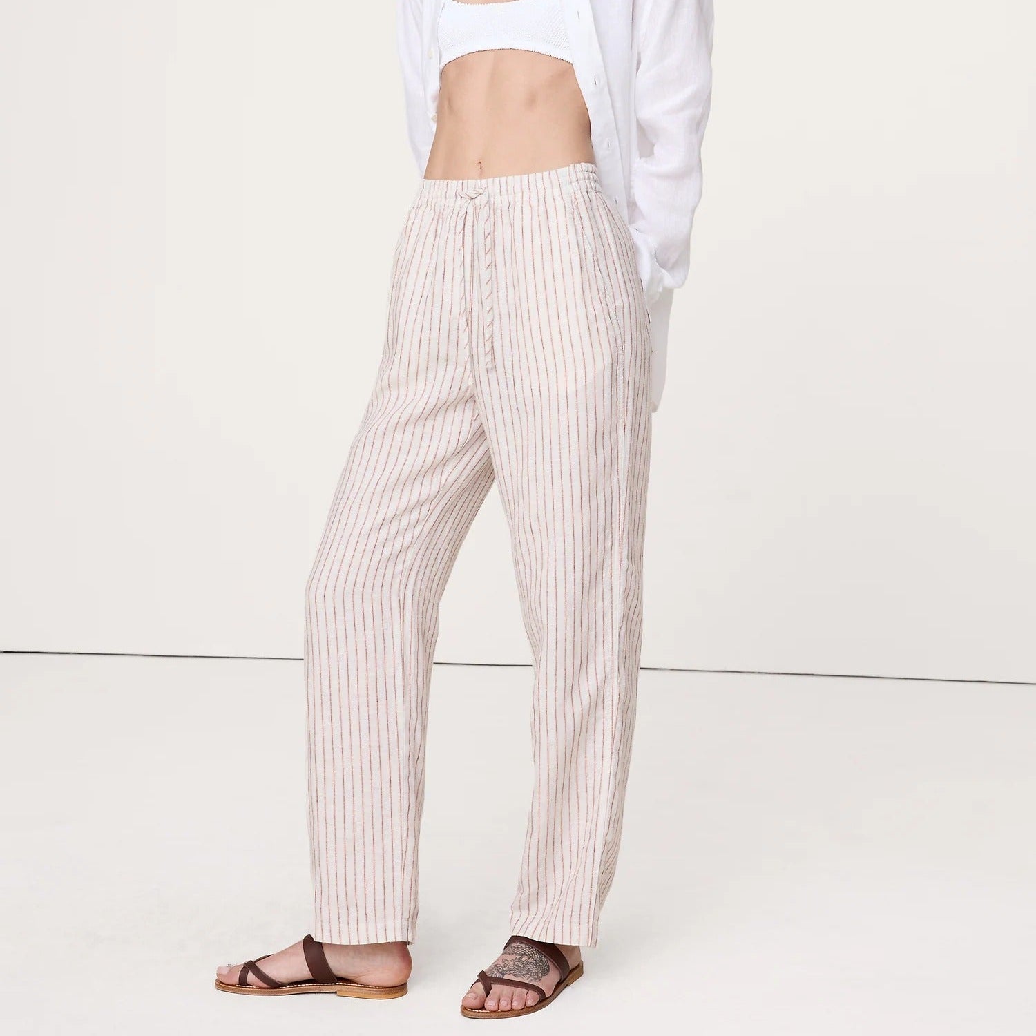 Striped drawstring straight leg trousers