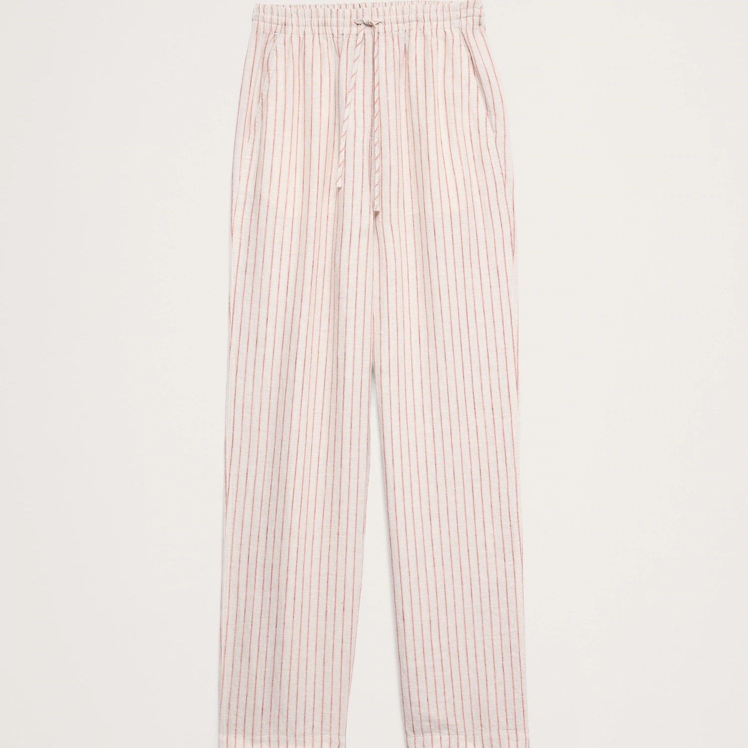 Light pink and white vertically striped cropped pants with an elastic waistband and drawstring, shown flat on a light gray background.