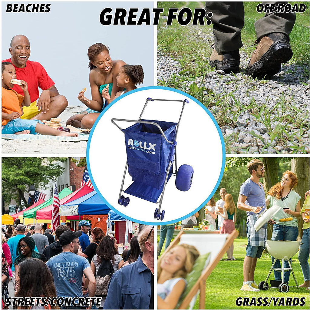 RollX Foldable Beach Cart with 12′′ Balloon Wheels, Mesh Storage & Umbrella Holder – Blue