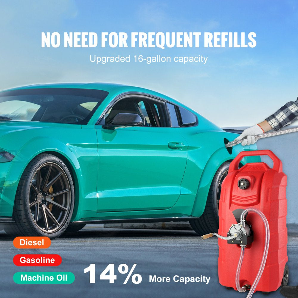 VEVOR 16 Gallon Portable Fuel Caddy with 6-Inch Wheels & Metal Hose for Gasoline/Diesel