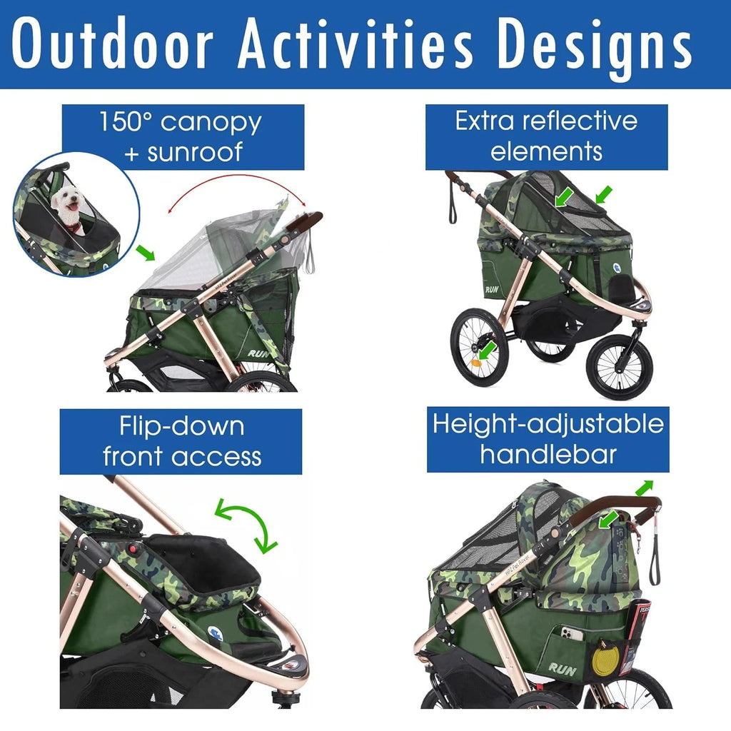 Jogging Sports Stroller with Comfort Rubber Wheels/Zipper-Less Entry/1-Hand Quick Fold/Aluminum Frame for Small/Medium Dogs, Cats and Pets (Green Camo)