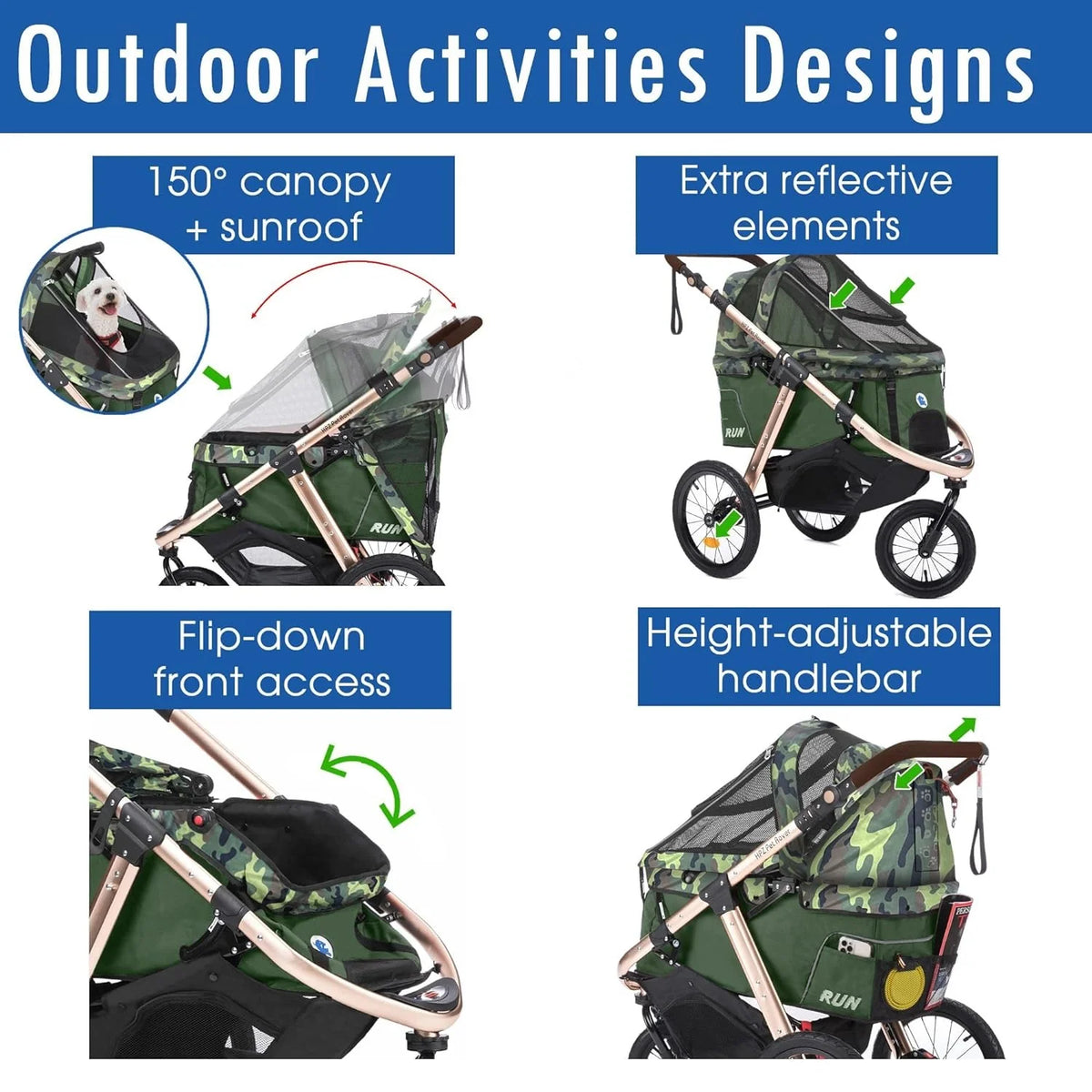 Jogging Sports Stroller with Comfort Rubber Wheels/Zipper-Less Entry/1-Hand Quick Fold/Aluminum Frame for Small/Medium Dogs, Cats and Pets (Green Camo)